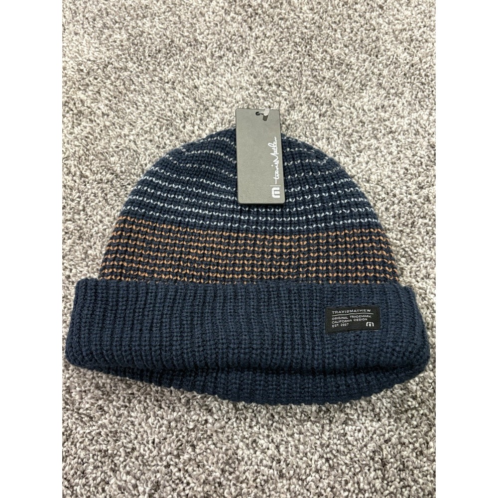 NWT Travis Mathew Striped Cap Mens Winter Golf Beanie Hat‎ Blue OSFM